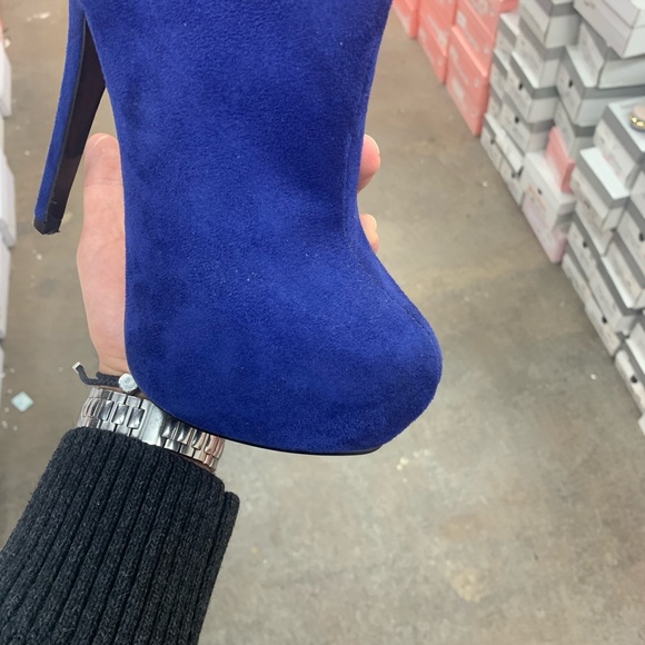 Ring Detail Stiletto Platform Ankle Boot in Deep Blue Faux Suede - Picture 2 of 9